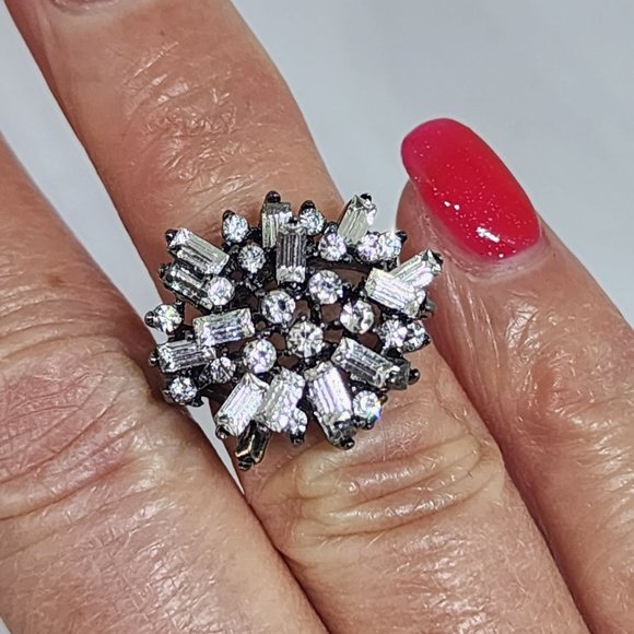 Baguette and Round White Rhinestone Dome Dressy Gunmetal Gray Cocktail Ring SZ 5 - Picture 8 of 13